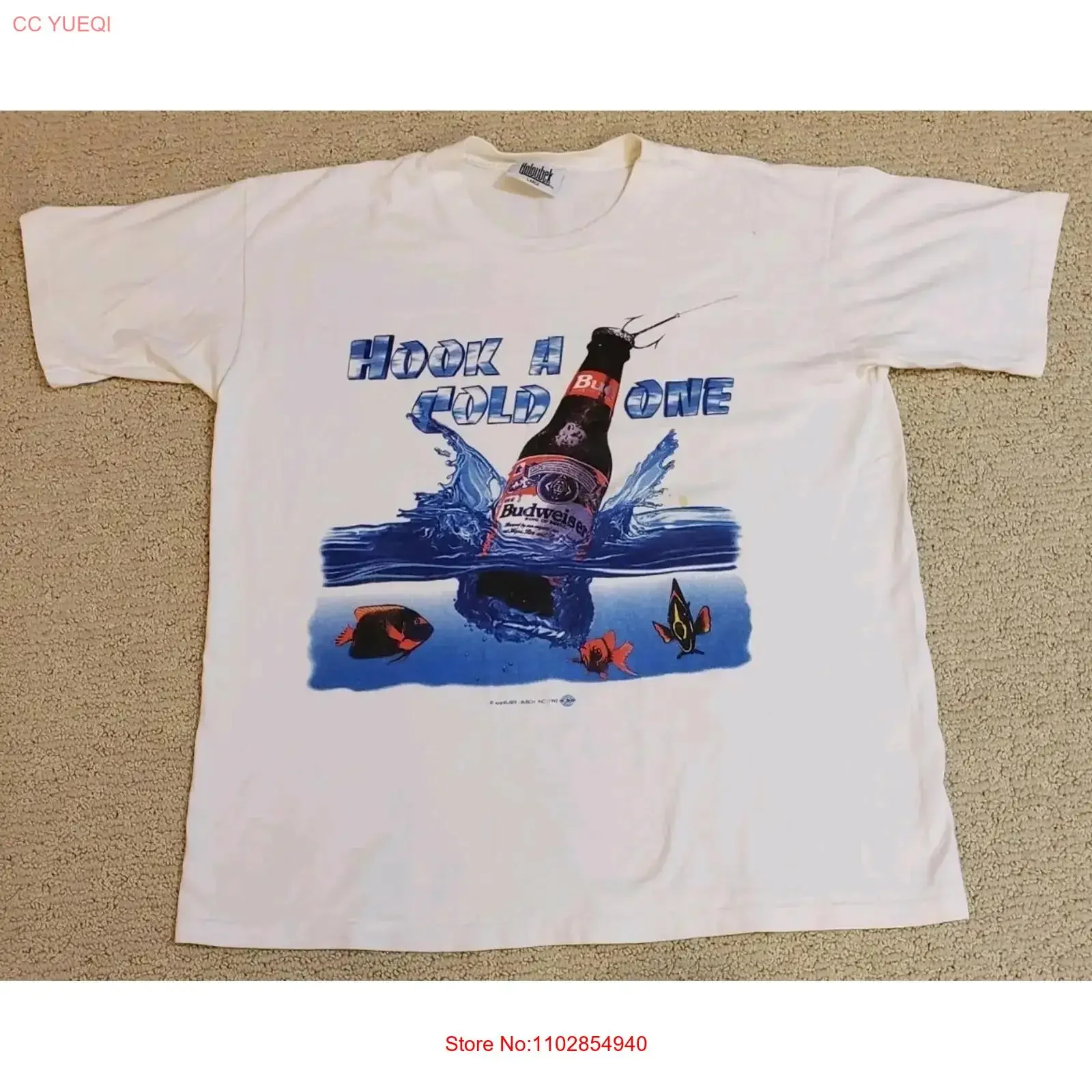 Vtg Budweiser Hook A Cold One 1992, белая футболка Holoubek CHECK MEASUREMENTS, винтажная стираная уличная одежда унисекс, мягкая растяжка