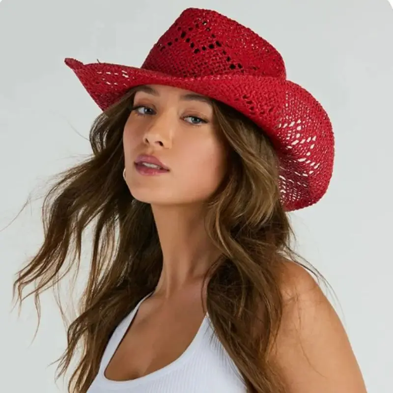 Red hand-painted cowboy straw hat hollow western cowboy hat outdoor travel beach knight hat sombrero vaquero mujer