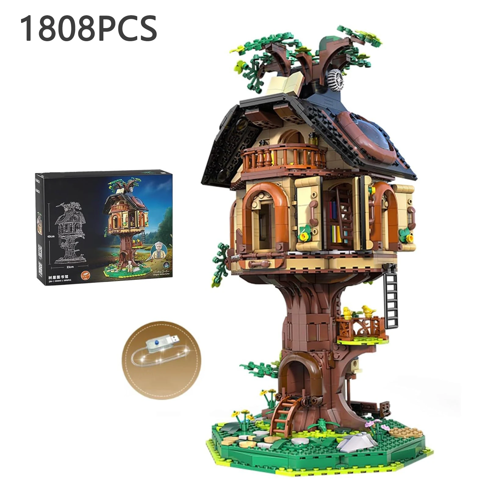 1808PCS Cretive Tree House Library Building Blocks MOC Building Model Assembly Bricks Set With Light Mini Doll Kids DIY Toy Gift