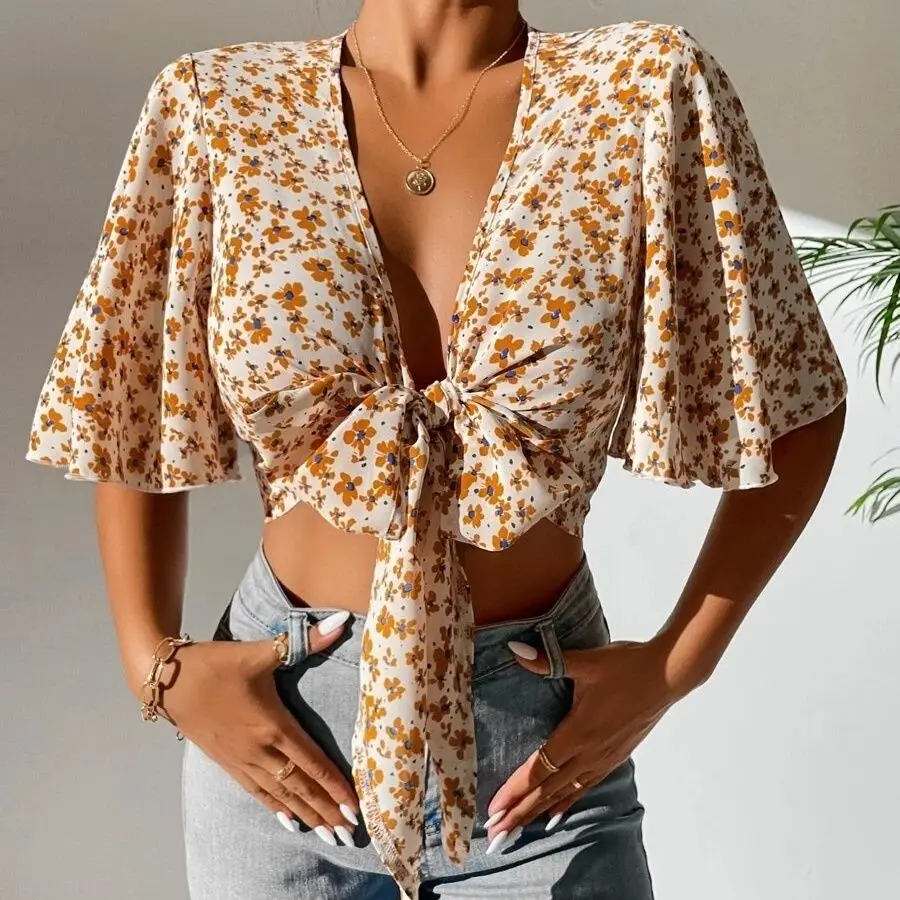 

2025 Summer French Vintage Floral Print Blouse | Lace-Up Bell Sleeve Cropped Top | Retro Figure Flattering Peasant Shirt Women