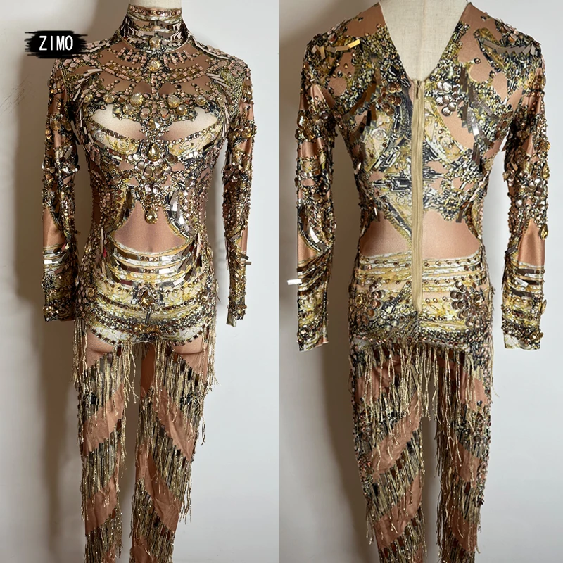 Full strass Ouro Tassel Jumpsuit Mulheres Luxo Sexy Lantejoula Impresso Festa de Aniversário Rainha Dance Stage Performance Traje