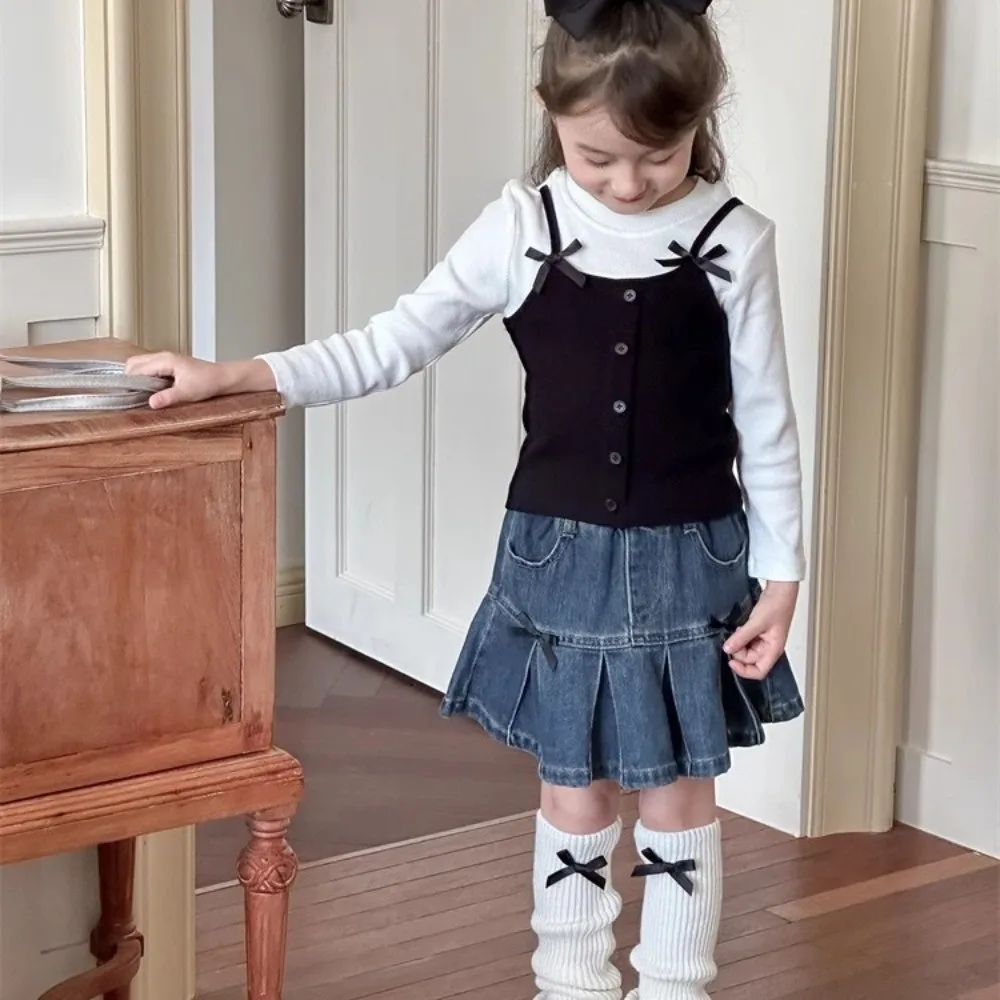 

Повседневная футболка из двух предметов в корейском стиле с длинными рукавами и бантом принцессы, элегантная базовая рубашка, одежда для девочек