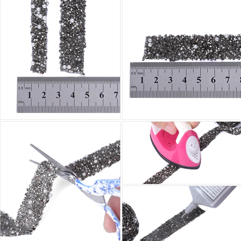 QIAO Rhinestones Trim with Pearls Beads Glitter Crystal Tapes Clothing Dresses Decoration Applique Rhinestones Ribbons Trimming