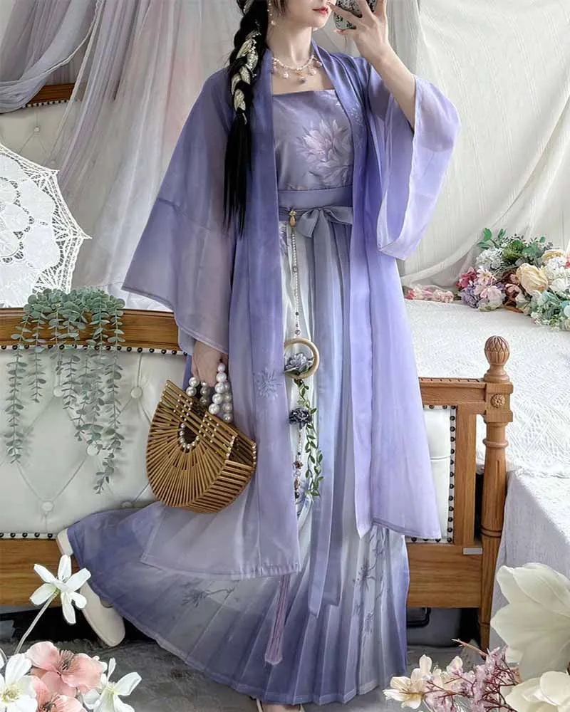 

Chinese Hanfu Dress Women 2025 Summer Modern Hanfu Female Cosplay Costume Song dynasty Purple Long cardigan+Camisole+Skirt 3pcs