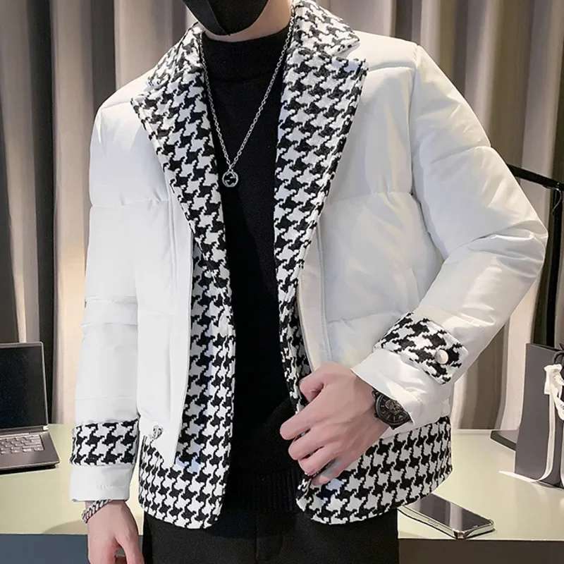 

Fake Two-piece Houndstooth Stitching Lapels Jacket Winter Korean Trend Jacket Men Top Quality Solid Color Thick Coat Snow Parka