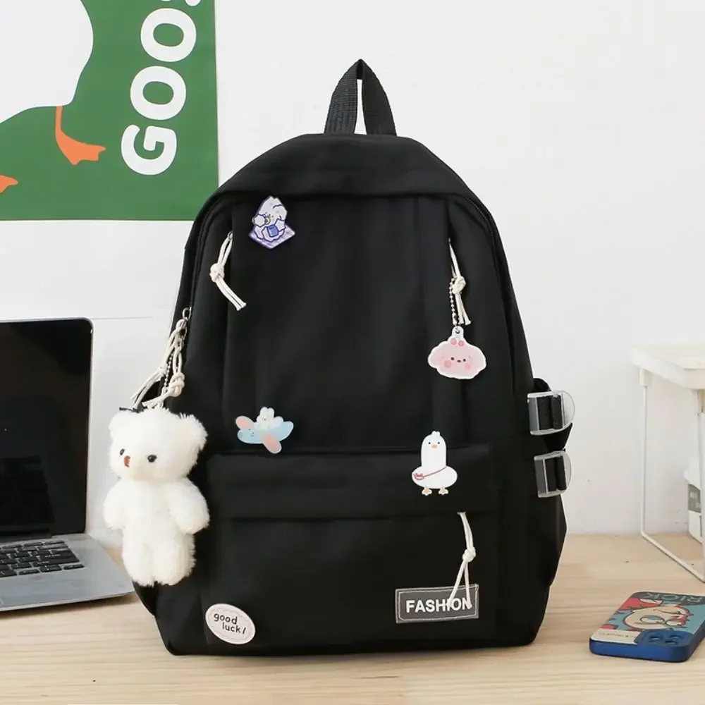 Zaino in tinta unita con ciondolo orso Kawaii Distintivo Borsa da scuola per studenti in stile coreano Borsa da viaggio Borsa a tracolla Borsa da esterno