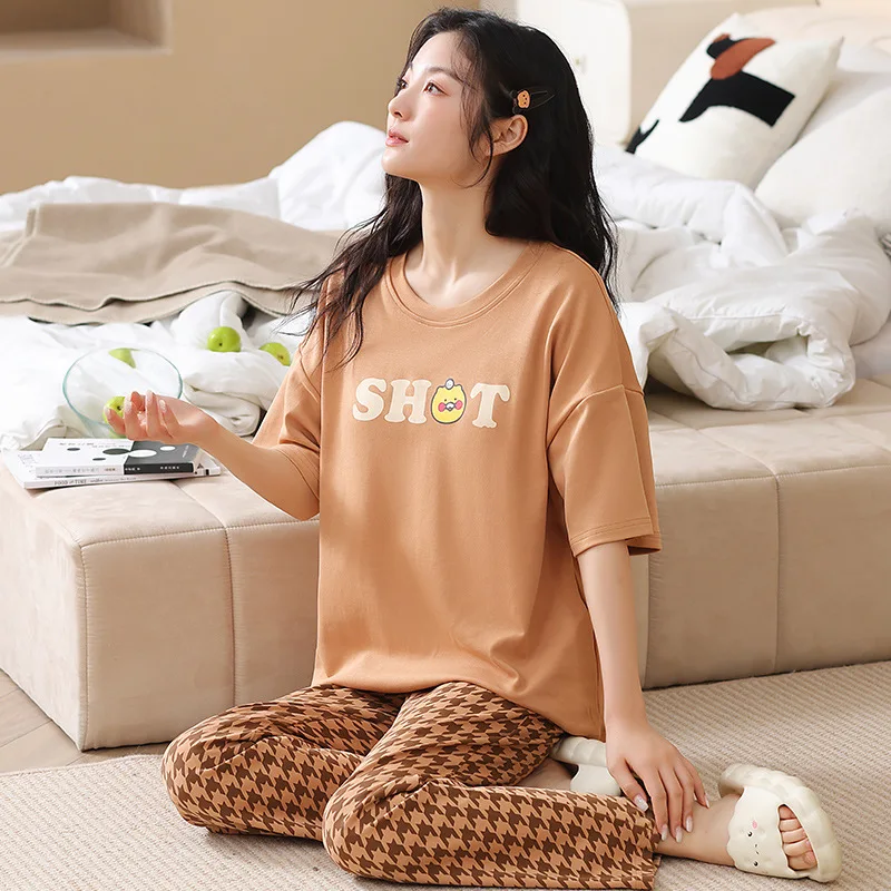 Summer Women's Thin Pure Cotton Pajamas Round Neck Short Sleeve Pullover Pants Oversized Comfortable Casual Home Clothing Set