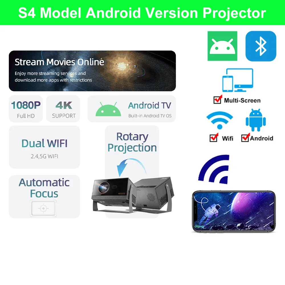 Salange S4 Factory Price Android 9 System Full HD 1080P 350 ANSI Lumens Electronic Focus 1GB 8GB 4K LED Portable Projector