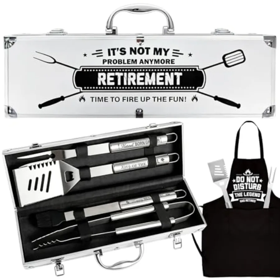 

Retirement Gift for Men BBQ Grill Tools Set with Spatula Fork Tongs Brush Apron Heavy Duty Stainless Steel Grilling Accessories