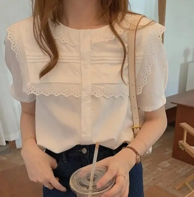 

Ele Hollow out Doll Collar ort Sve Women's irt Gentle Sle Chic Design Sensation Top for Summer Faion