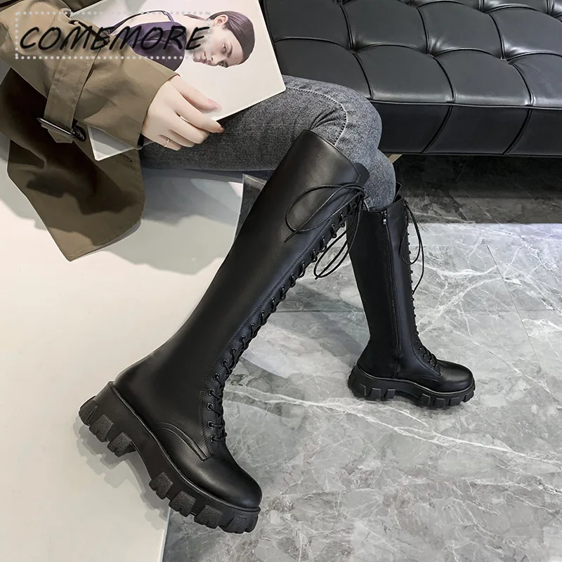 2024 New Thicken Winter Knight Boots Women Knee High Long Square Heel Retro Lace Up Motorcycle Boots Black White Botas Mujer 43