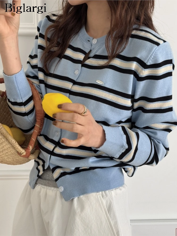 

Вязаный осенний полосатый кардиган с принтом, женский тонкий повседневный модный женский укороченный кардиган, женский свитер в корейском стиле, пальто