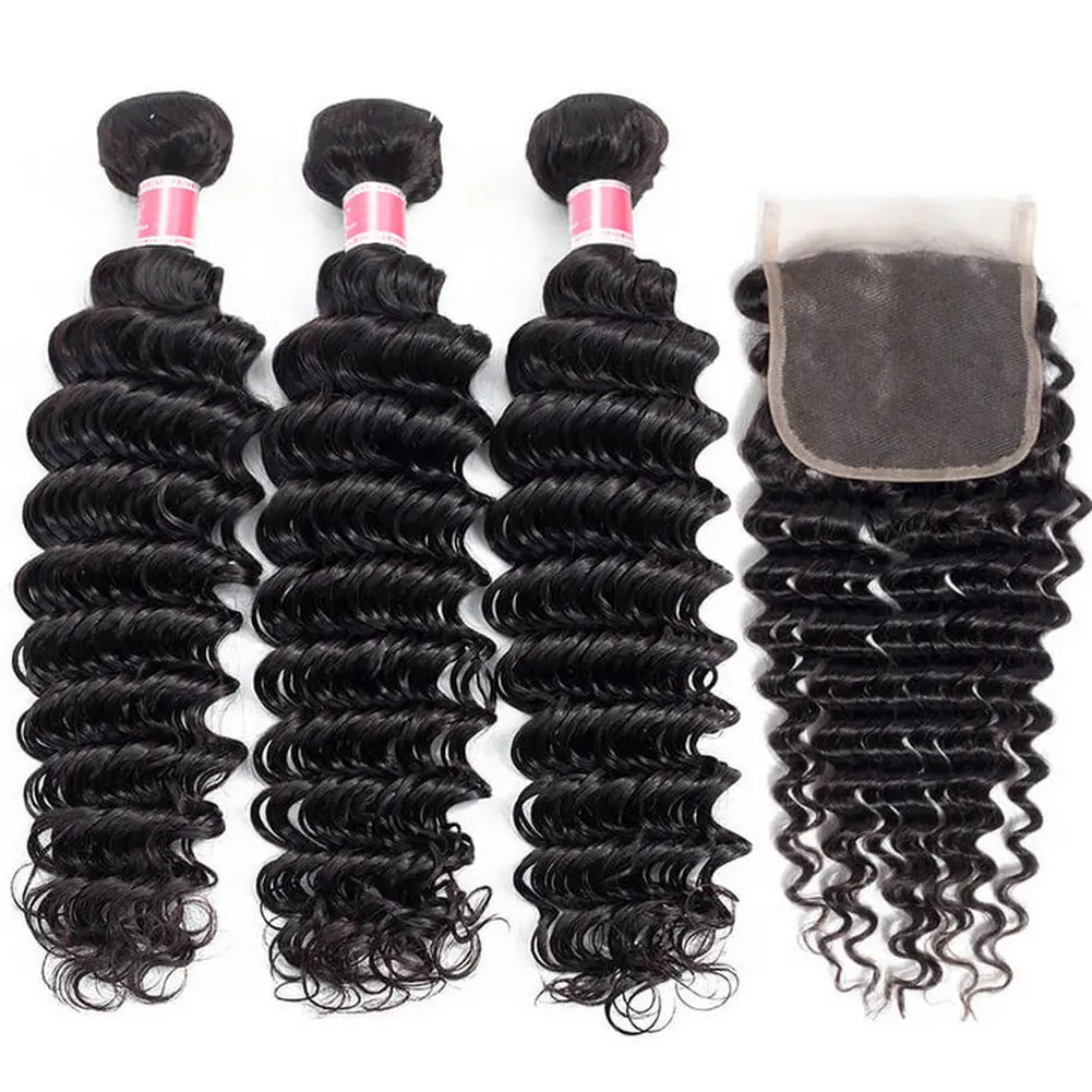 Brazilian Deep Wave 3 Bundles with Closure Deals Human Hair Bundles with Closure Nature Color