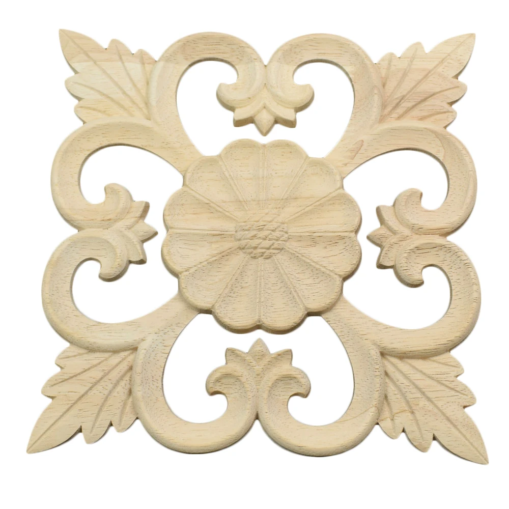 2PCS 15cm Vintage Pattern Carved Onlay Applique Home Decoration Accessories Decor Solid Wood Engraved Square Decorative Flowers