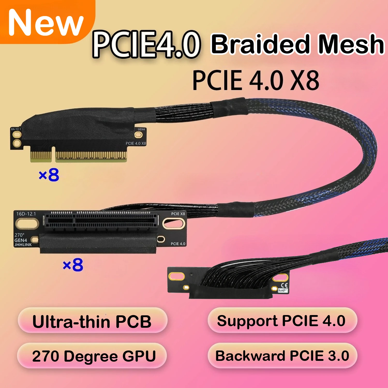 

270-градусная видеокарта PCI E 4.0 X8, удлинитель видеоGPU, левый/правый угловой кабель Gen4 8X для встроенного корпуса сервера AI