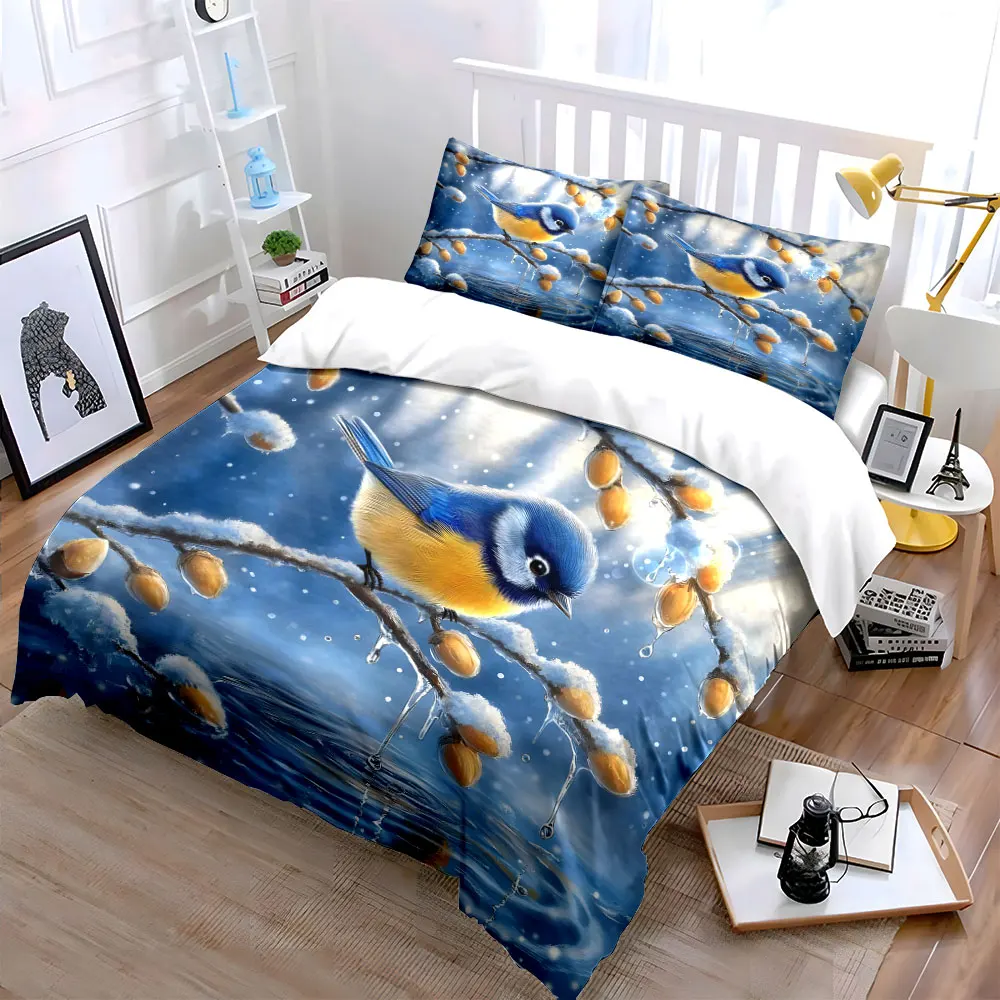 Blue and Yellow Bird on Winter Branch Pattern Duvet Cover Set Digital Print Colorful Polyester Bedding with Zipper Closur