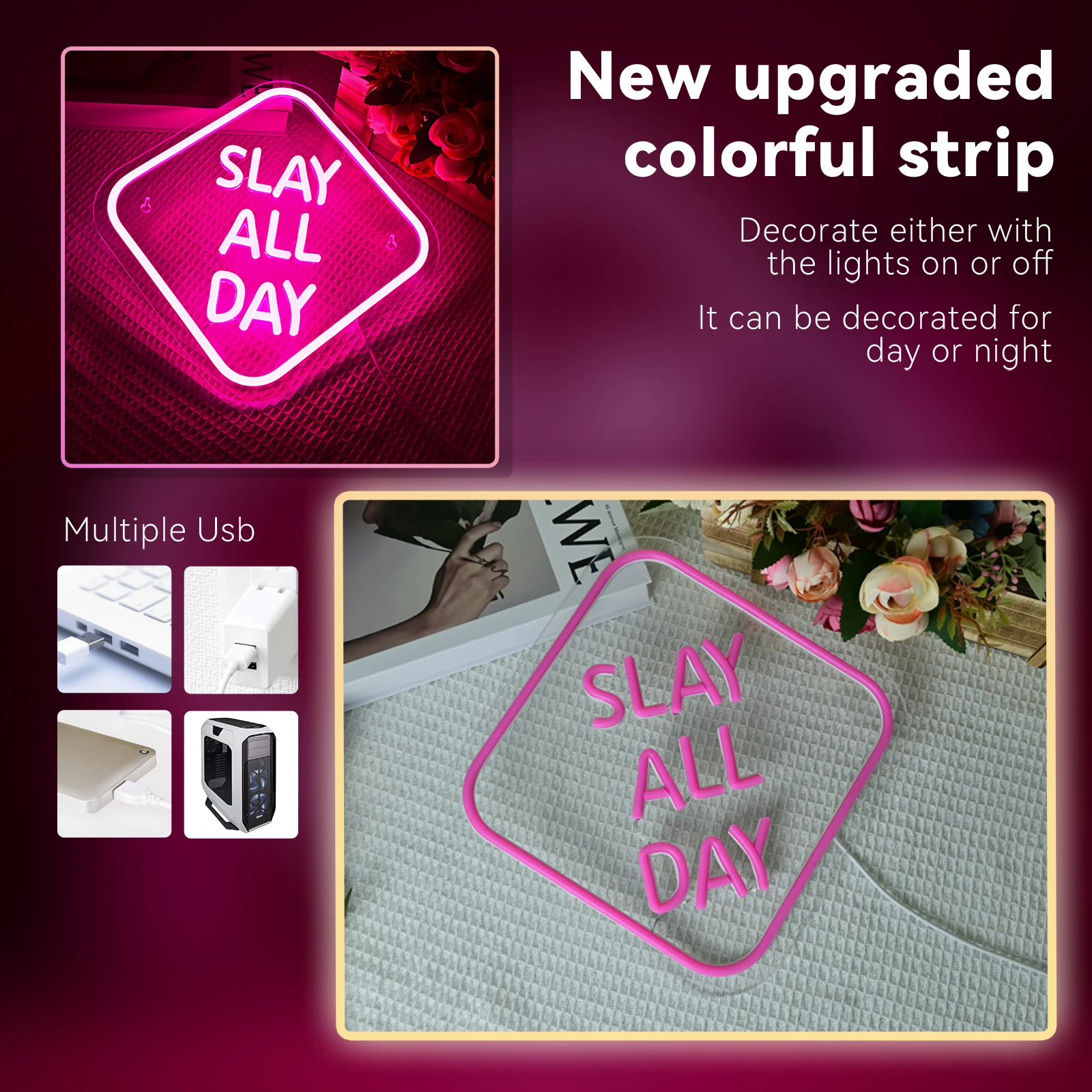 Slay All Day Neon Sign Pink Led Neon Light For Wall Decor LED Neon Light Aesthetic Light Sign Bedroom Room Dorm Party Y2K Gift