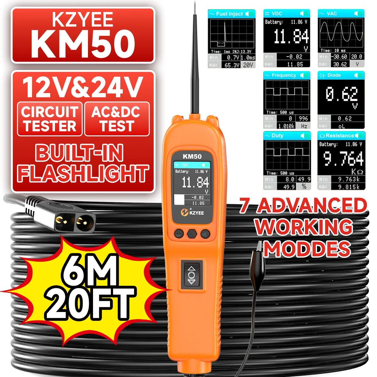 

KZYEE KM50 Power Circuit Probe Kit 12V/24V Automotive Circuit Tester Current Probe with AC/DC Voltage/Resistance/Diode/Frequency