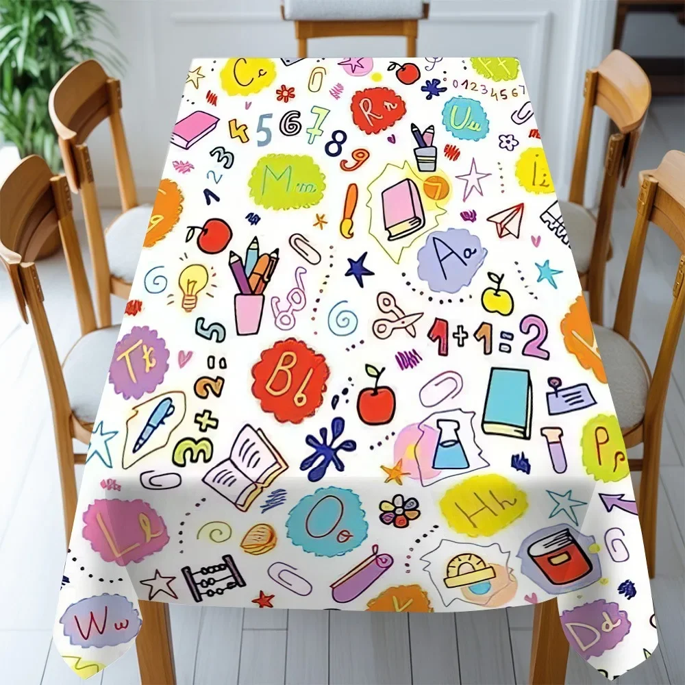 Tablecloth 1PC - A back-to-school themed tablecloth featuring colorful letters and educational iconsxzj