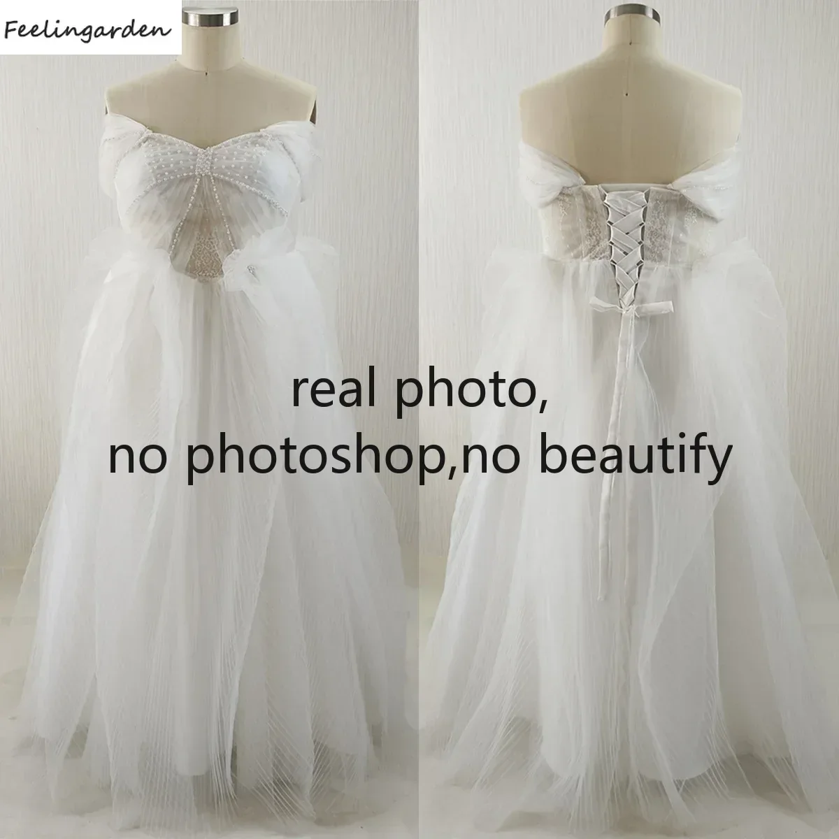 

Feelingarden Customized Real Photo Plus size Wedding Dresses White Beads Off the Shoulder Floor Length Princess Bride Ball Gown