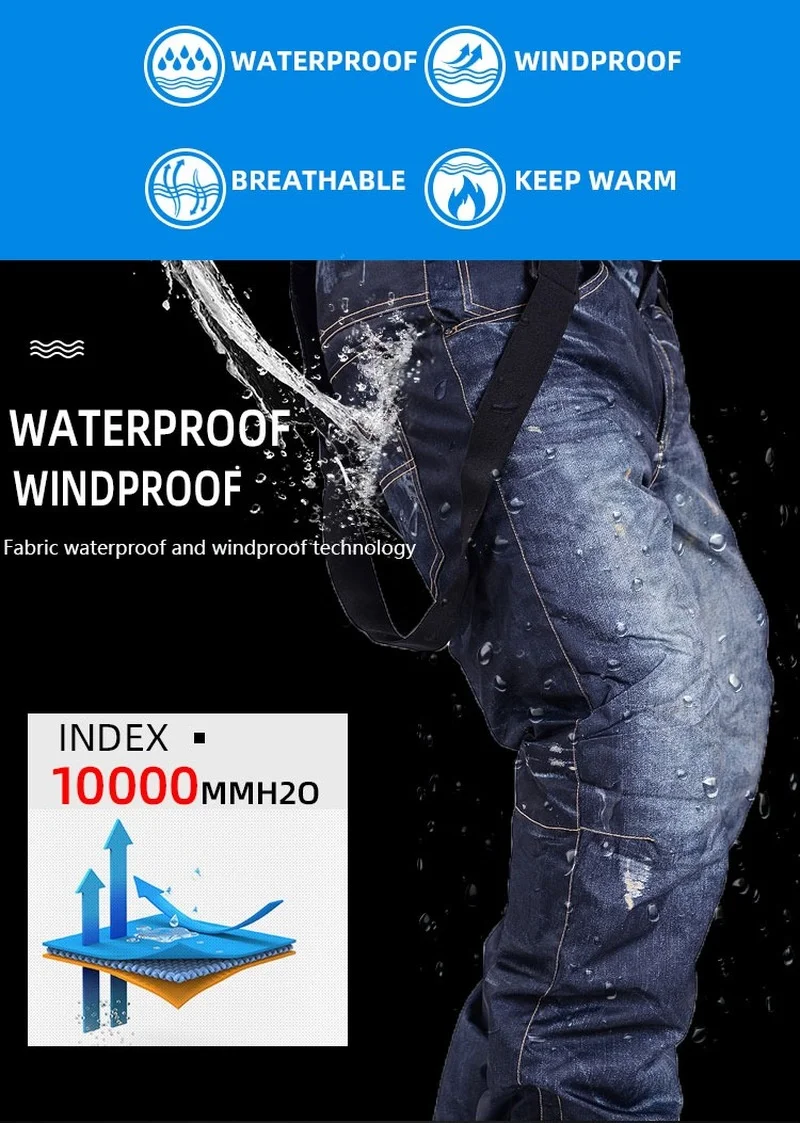 Style Jean Snowboard Pants Suspenders Denim Ski Pants Men's Skate Snow Board Waterproof Windproof Thermal Skiing Pants