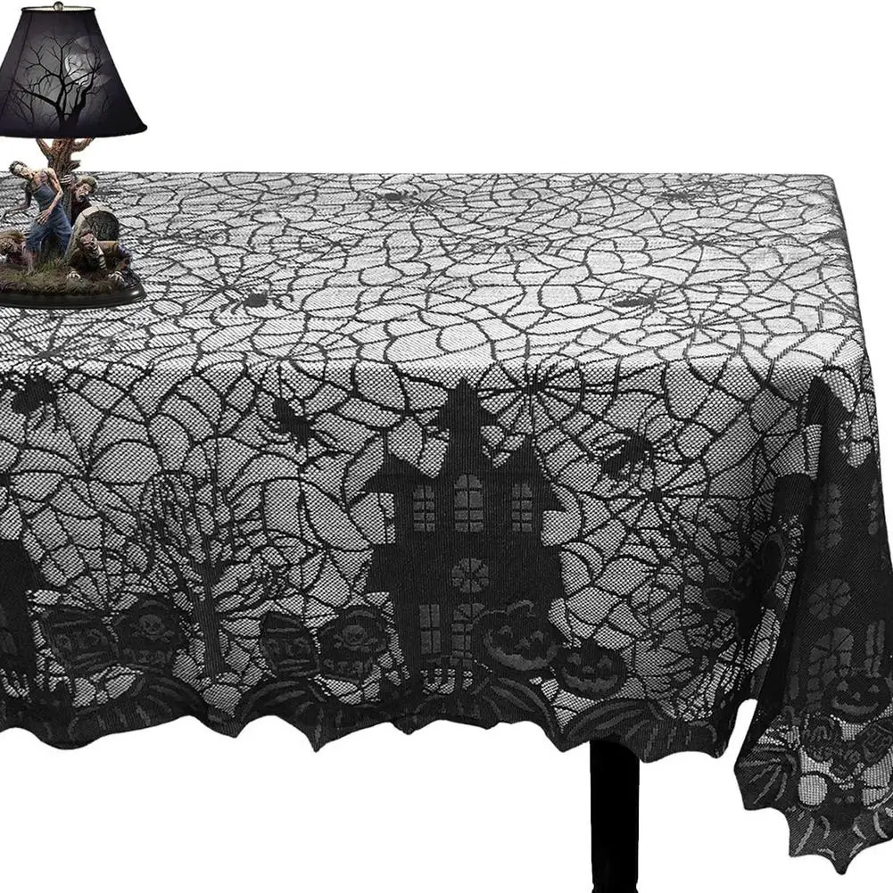 Halloween Tablecloth Rectangular Lace Table Cover Dinner Parties Skeletons Pumpkins Haunted Houses Bats Party Home Decoration