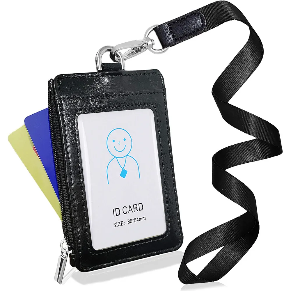 

Badge Holder with Lanyard Heavy Duty Leather ID Card Holders with Zipper Pouch Clear ID Windows for Men and Women