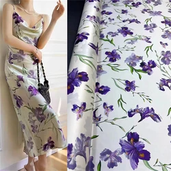 Popular Iris Digital Spray Painting Heavyweight Elastic Twill Silk Fabric High-end Fishtail Skirt Shirt Designer Satin Material