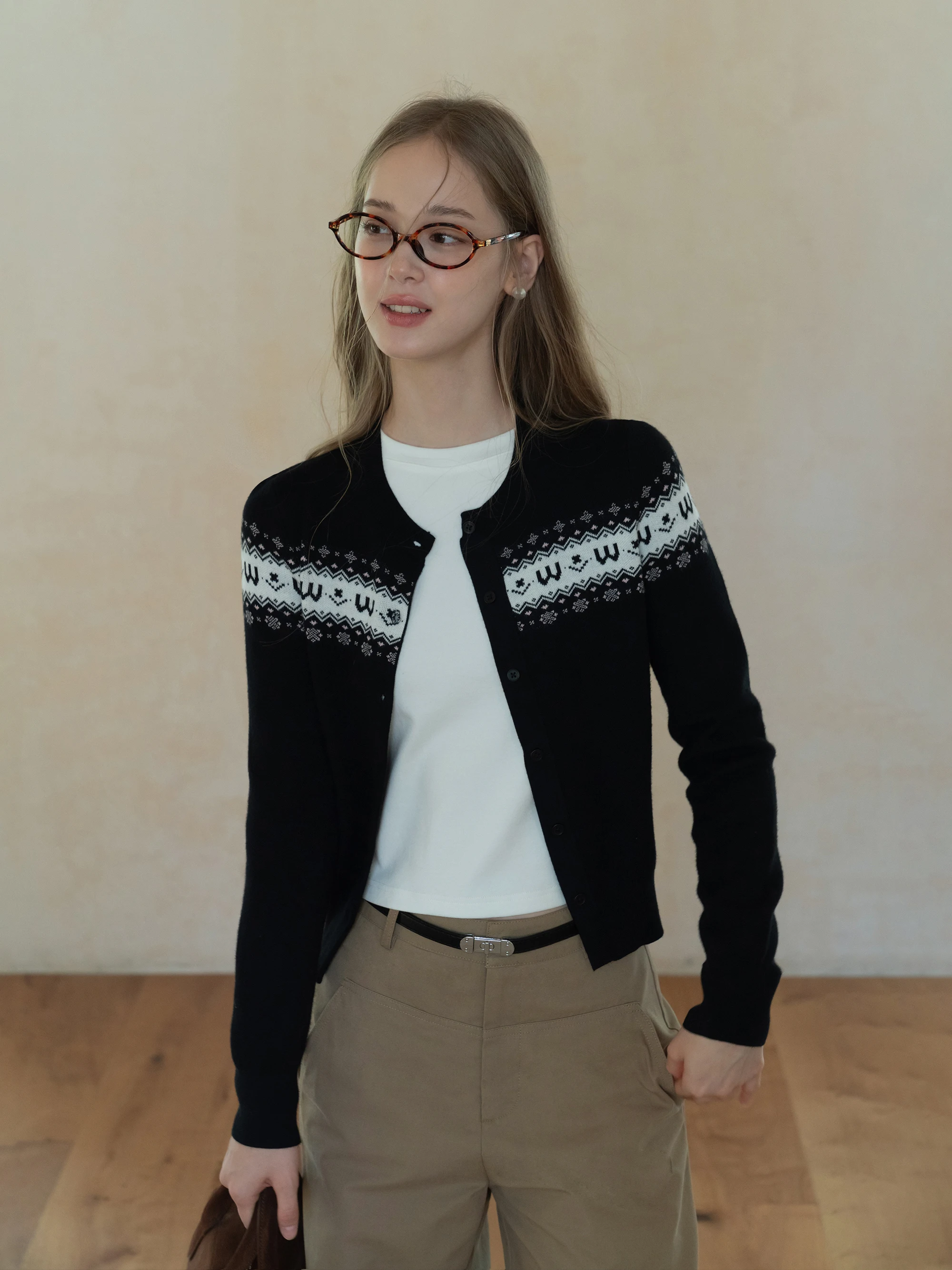 

Retro EGGKA Fair Isle Knitted Cardigan Casual round Ne Waist-Cinched Open-irt Knitted Outerwear for Women Polyester Fiber