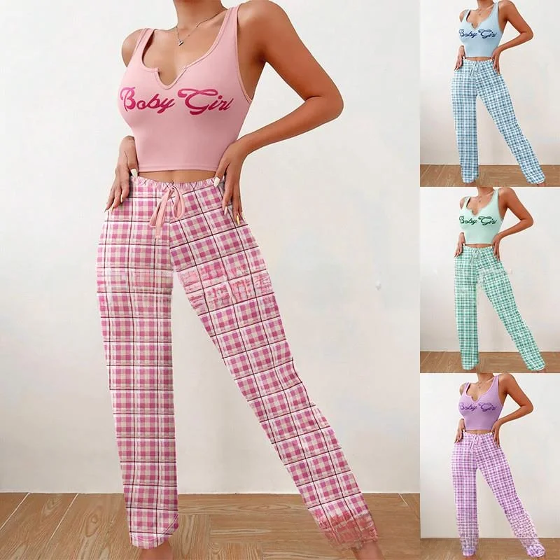 

Women's Summer Thin Milk Silk Vest Pants Pajamas Set Letter Printed Top Long Pants V-Ne Home Wear Comfortable Spwear