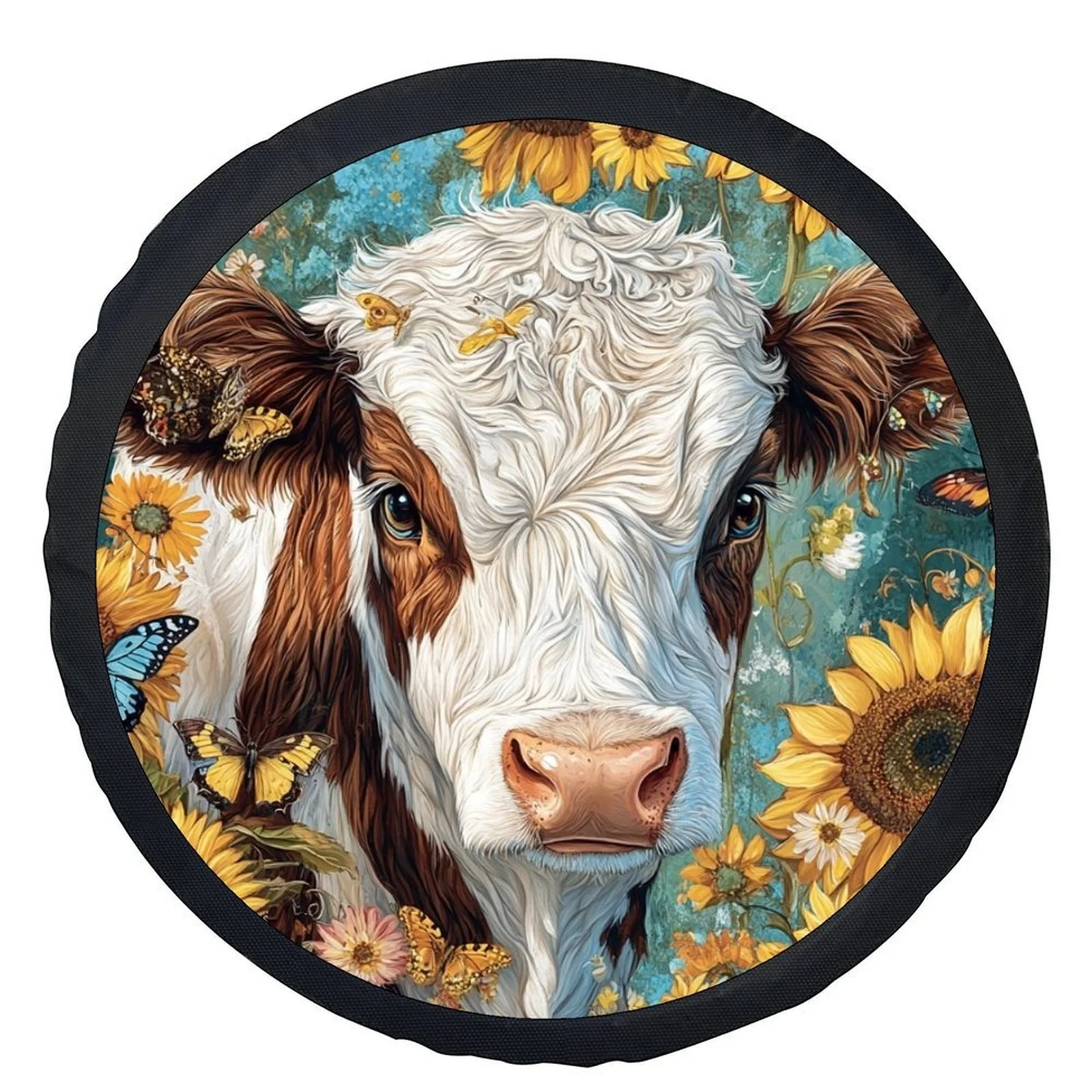 Single Piece Tire Cover Featuring A Cow Design Amidst Sunflowers, Stylish And Universal Fit For Wheel Protection, Compatible Wit