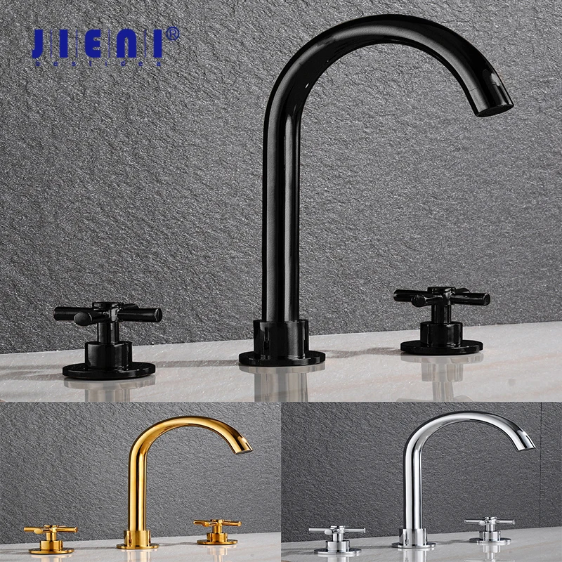 

JIENI Matte Black Swivel Bathroom Bathtub Basin Faucet 2 Cross Handles Brass Washbasin Taps Deck Mounted Basin Mixer Taps