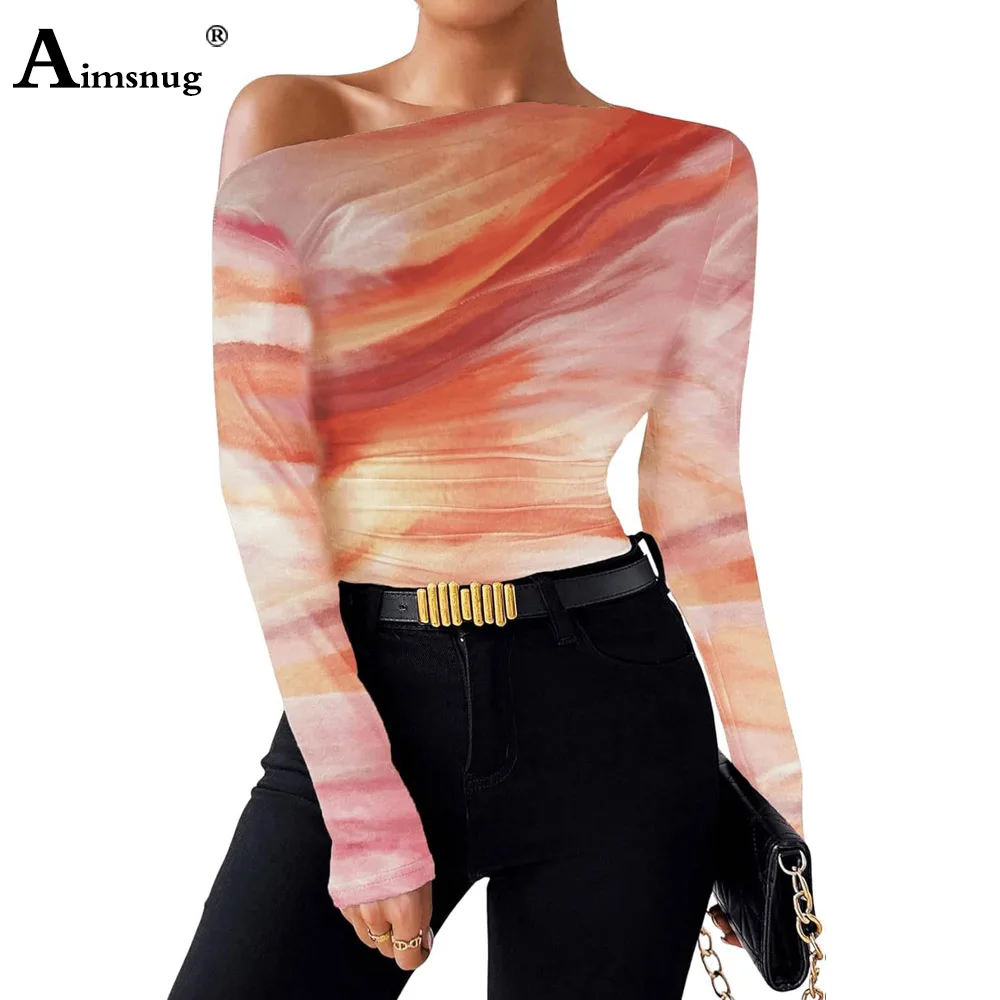 Damska elegancka, obcisła koszulka z nadrukiem 3D Damska koszulka z ukośnym dekoltem 2024 Wiosna Nowe podstawowe koszulki Damskie swetry z długim rękawem