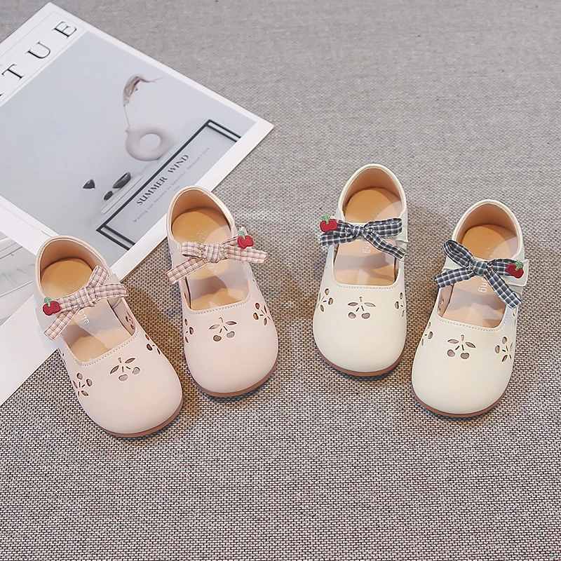 

Весенние туфли Мэри Джейн для девочек, милые туфли-балетки с вырезами и вишневым бантом, нескользящие, на липучке, для детей 5-12 лет