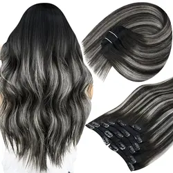 Full Shine Clip In Hair Extensions Black Balayage Silver 18Inch 7Pcs Real Human Hair Natural Hair Double Weft Straight 120G