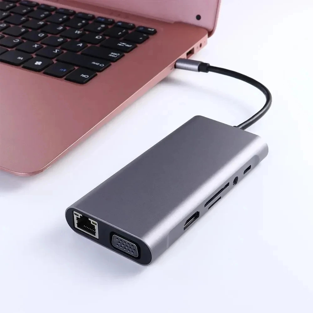 B-M USB para hdtv Tipo-c Docking Station VGA + PD Rj45 Prata Cinza Usb-c 11 em 1 Conector RJ45 DP Modo Alt