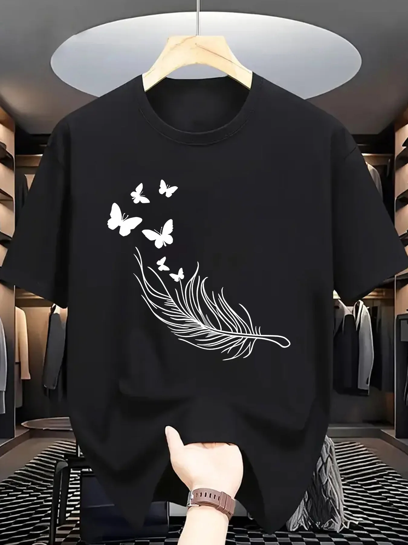 Line Art Feather Butterfly Print Men Short Sleeve Tshirt Nature Silhouette O Neck Tee Elegant Style Male Street Fashion Tops