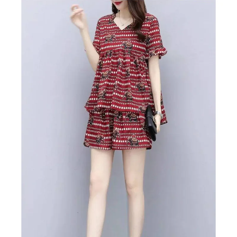 

Summer New Women's Pullovers Polka Dot Printed V-Neck Spliced Short Sleeve Fashion Loose Casual Commuter Comfortable Shorts Set