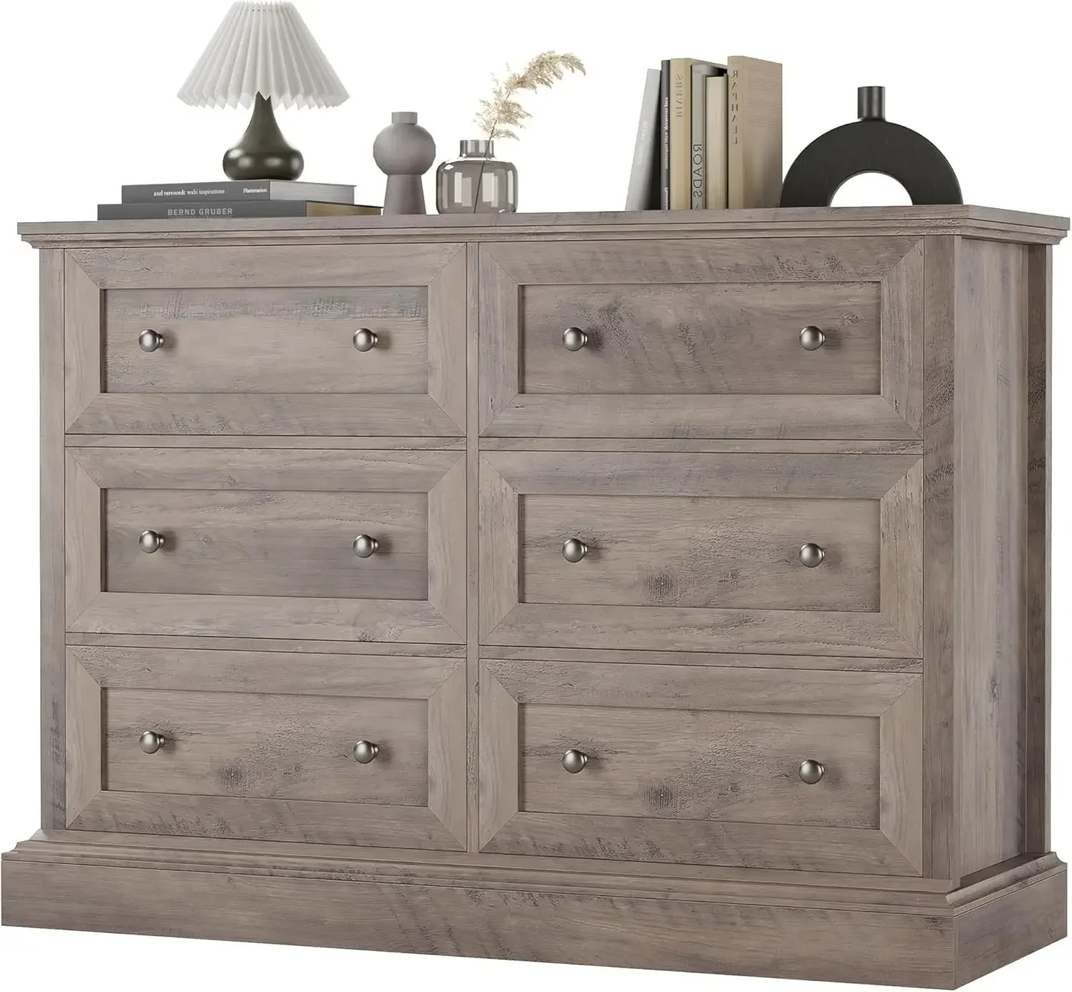 Modern 6 Drawer Double Dresser, Wood Dresser Chest, Wide Chest of Drawers with Deep Drawers & Mental Double Handles, Wash Gray