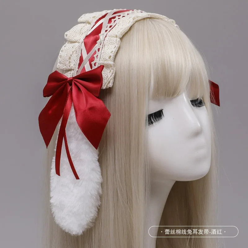 Cute Girls Women Plush Lace Ribbon Lolita Headband Bunny Dropped Ears Hair Band Comic-Con Cosplay Props Rabbit Ears Headwear