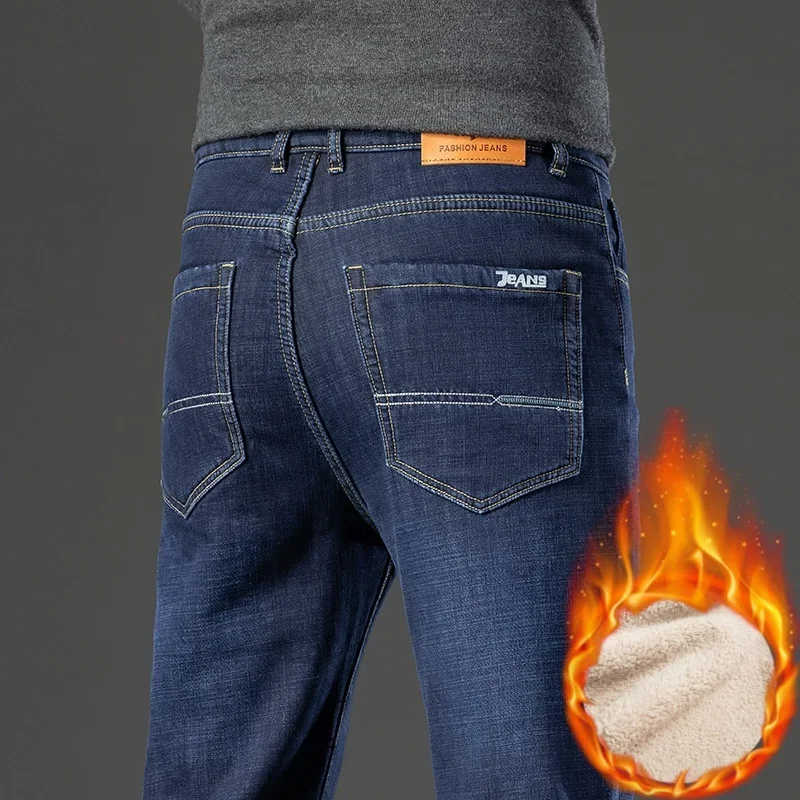 Winter Warm Fleece Jeans Men High Waist Stretch Wool Lining Casual Denim Pants Fashionable Business Straight Thick Hot Trousers