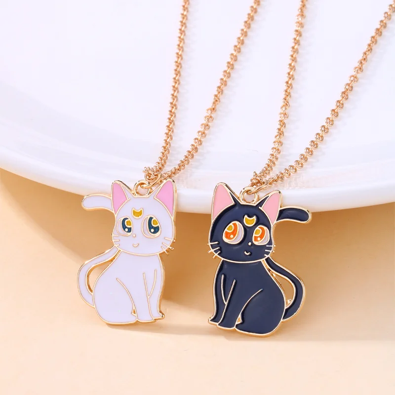 Luoluo & baby-cadena con colgante de gato blanco y negro de dibujos animados para niños, collar de mejor amigo, joyería de Amistad BFF, regalos para niños, 2 piezas por juego