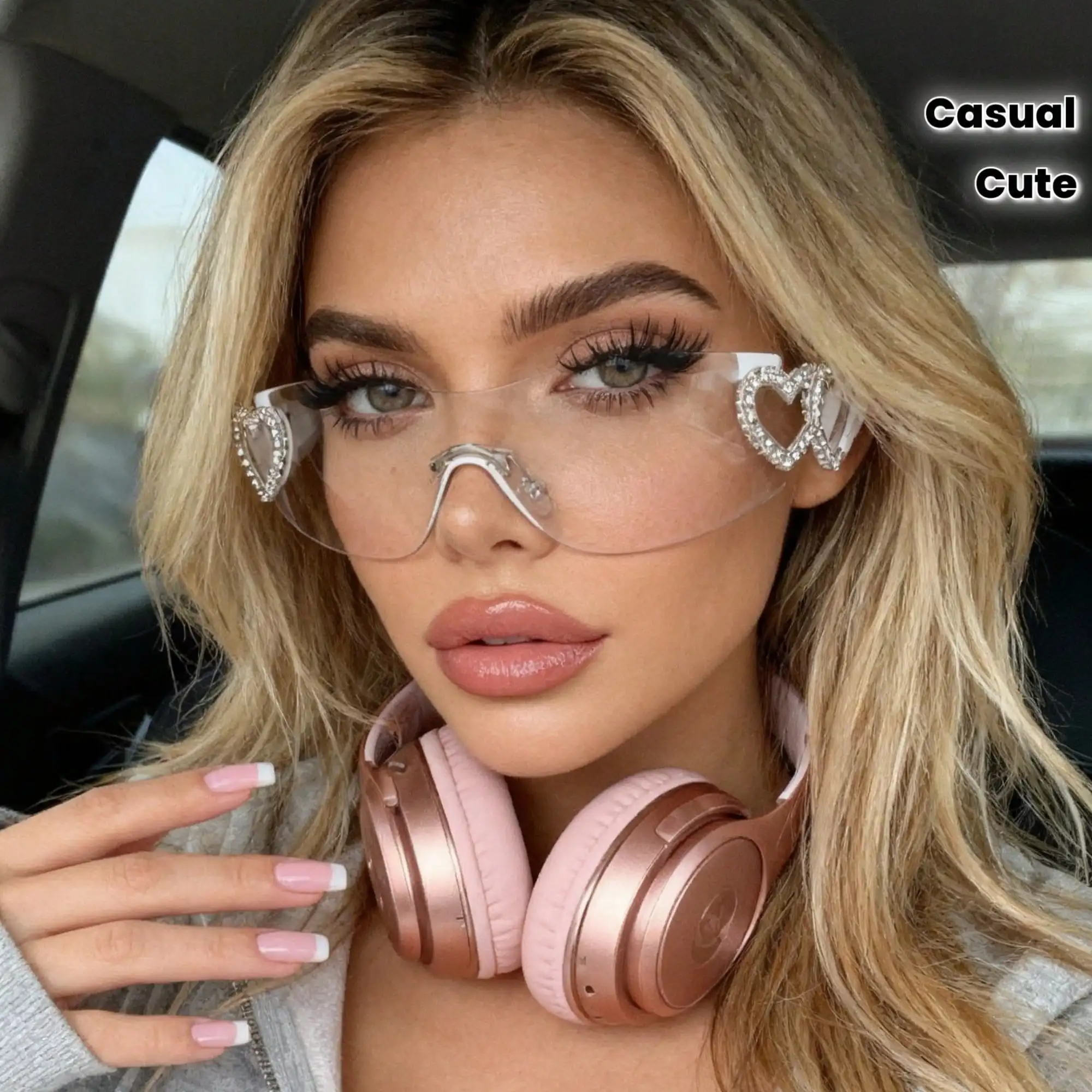 

1PC fashion heart-shaped frameless women's fashion glasses, punk decorative glasses, eye double heart-shaped glasses, suitable for casual wear, street style, parties, electronic music festivals, concerts and other occasions