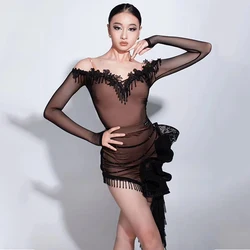 Latin Dance Competition Dress Women Black Lace Long Sleeves Cha Cha Rumba Dance Performance Clothes Prom Stage Dress DNV21245