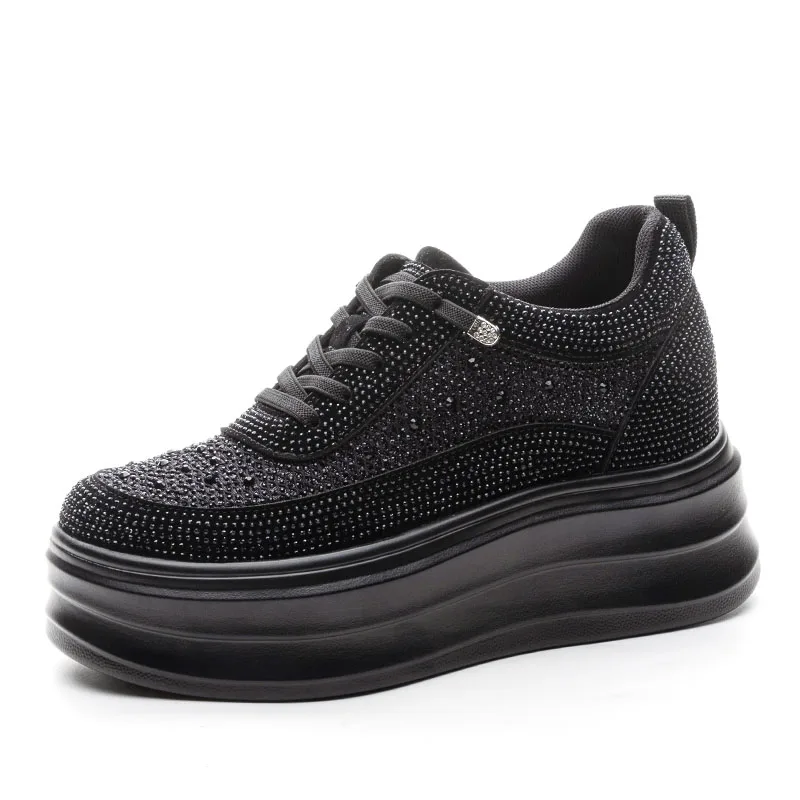 DRKANOL Fashion Women Breathable Air Mesh Shoes Summer Rhinestone Bling Thick Sole 9cm Height Increasing Wedges Heel Shoes H1327