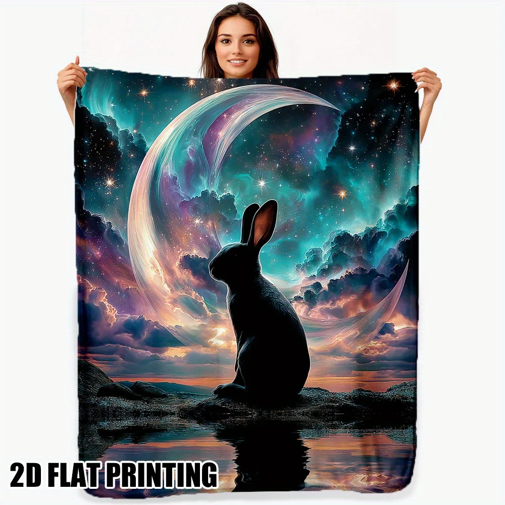 1pc Lightweight & Soft Rabbit & Crescent Moon Print Flannel Throw - Cozy All-Season Bedspread/Blanket, Travel or Office Use