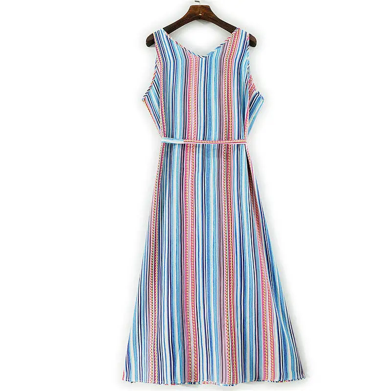 BirdTree-robe gilet élégante en crêpe Double soie, col en V imprimé rayé à lacets, robe polyvalente à la mode pour femmes, printemps 2026 D5D730CC