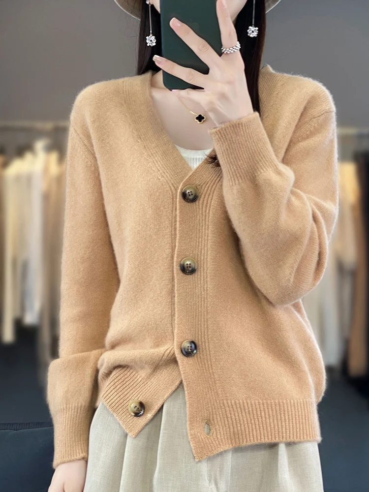 

Spring Autumn Women V-neck Cardigan Sweater Pure Color Casual Long Sleeve Coat 100% Merino Wool Cashmere Knitwear Female Clothes