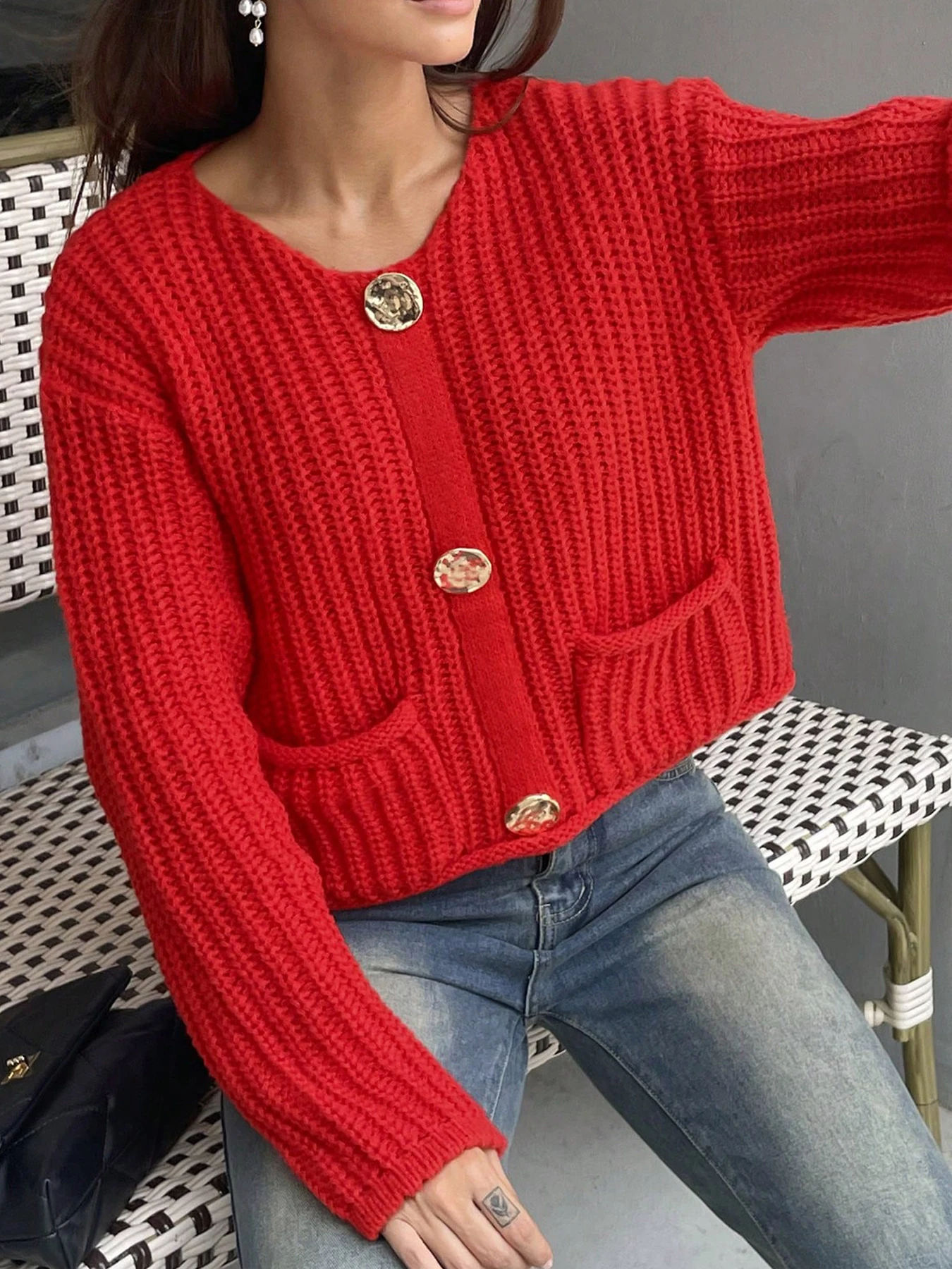 

Women's Red Rib Knit Cardigan Oversized Big Button Pocket Casual Sweater