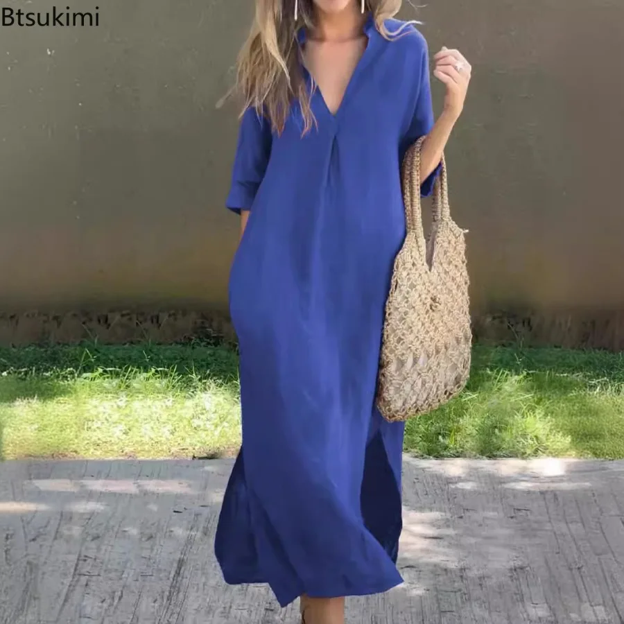 Summer Cotton Linen Solid Color Casual Maxi Dress Women's Fashion Deep V-neck Side Split Loose Pocket Long Skirt Ladies Dresses